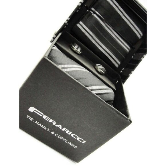 Feraricci Tie, Hanky & Cufflinks Matching Set Silver Tone Wedding Formal Tux IOB - Picture 1 of 7